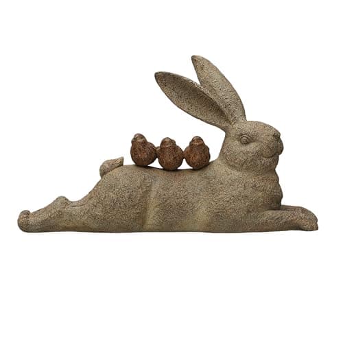 Creative Co-Op Decorative Resting Rabbit with Birds Figurine, Brown