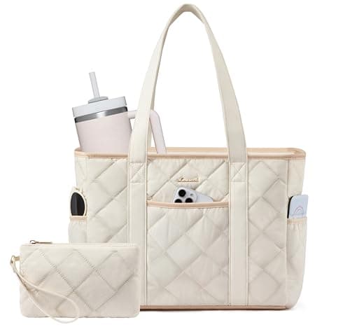 LOVEVOOK Puffer Tote Bag for Women with Cup Holder,Large 15.6in Laptop Work Tote Bag with Zip for Daily,Travel, light Quilted Nurse Teacher Shoulder Bag,2pcs