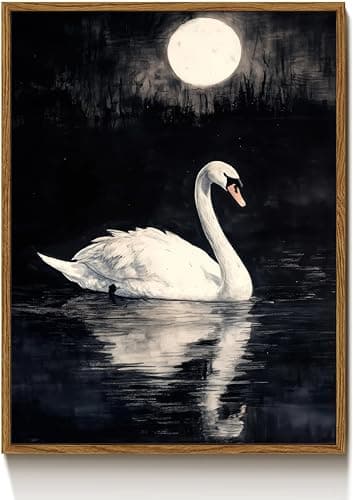 Vintage White Swan on Black Background Canvas Wall Art Frame Grace Swan in the moonlight Painting Picture Wall Decor Classical animal Rural Poster Print Artwork for Livingroom Bedroom Home Decoration