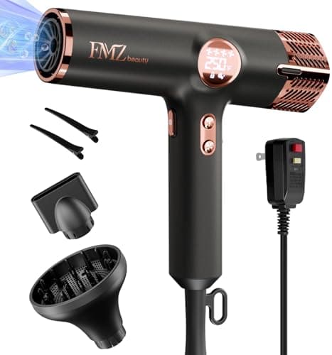 FMZ Professional Ionic Hair Blow Dryer Smart Display with Diffuser, 1875W High Speed Powerful BLDC Motor for Fast Drying, Mini Portable Lightweight Quiet, Curly Hairdryer for Men Women Salon Travel