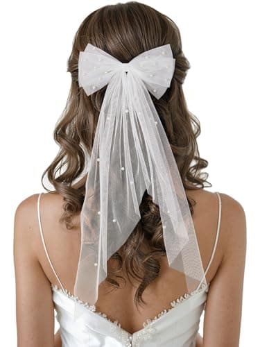 SWEETV Bridal Hair Bow Veil White Bow Clip Bachelorette Party Decorations Pearl Accessories Bride to Be Bridal Shower Gift