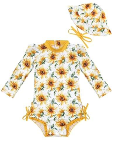ALVABABY Girls' Long Sleeve Zipper One Piece Swimsuit with Hat, Girls' Rash Guard Sets,Bathing Suit for Outdoor Activities ST-EF03-18-24M Yellow Daisies