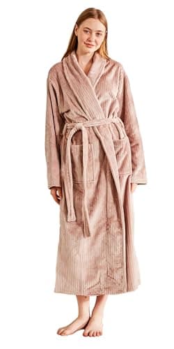 Serenhom Women’s Plush Soft Fleece Robe – Fluffy Warm Jacquard Bathrobe, Cozy Loungewear for Spa, Sleep, and Relaxation, Taupe, Medium