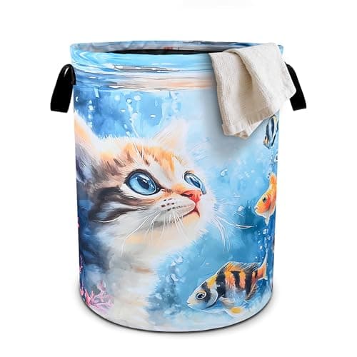 Cute Cat Laundry Basket Foldable Oxford Cloth Tote Bag Laundry Hamper Clothes Storage Bucket Organizer For Bathroom/Laundry Storage/Bedroom 19.6x15.7 Inch