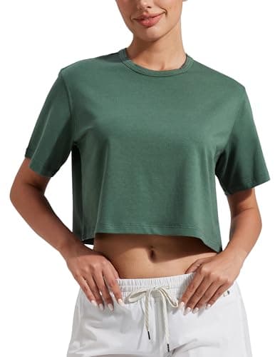 Pioneer Camp Workout Crop Tops for Women Short Sleeve Loose Fit T-Shirts Cropped Athletic Gym Running Yoga Boxy Basic Tee Forest Green