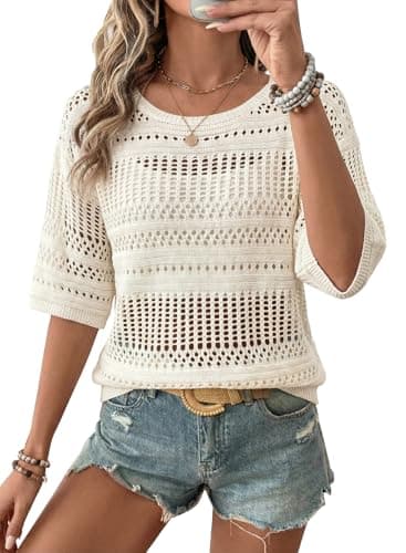 EVALESS Crochet Tops for Women 2026 Spring Summer Casual Boho Resort Wear Cruise Outfits Half Sleeve Beach Vacation Clothes Sweaters,White Medium