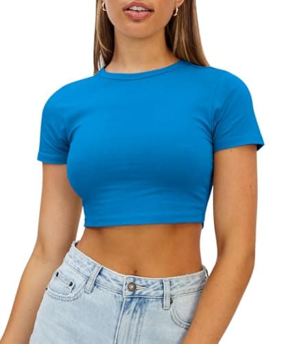 WYNNQUE Womens Crop Tops Cute Summer Crew Neck Basic Tees Slim Fit Trendy Short Sleeve T Shirts for Teen Girls 2026 Royal Blue L