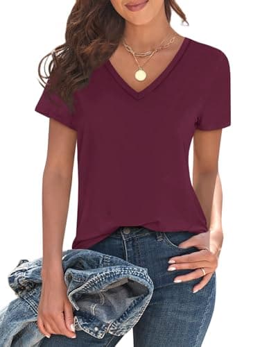 Imily Bela Womens Casual V Neck Tee Soft Breathable Short Sleeve T Shirts for Spring Summer 2026 Burgundy
