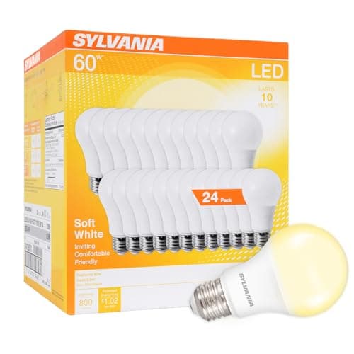 Sylvania LED A19 Light Bulb, 60W Equivalent, Efficient 8.5W, 10 Year, 2700K, 800 Lumens, Frosted, Soft White (74765), Packaging May Vary (Pack of 1, 24 Count Total)