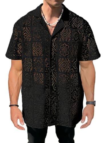 PLEPAN Mens Black Lace Shirt Button Down Floral Hollow Out See Through Casual Short Sleeve Hawaiian Vacation Shirts Summer Beach Black Medium