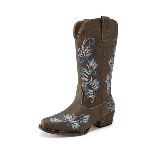 DREAM PAIRS Women's Cowboy Cowgirl Western Mid Calf Boots Square Toe Embroidered Stitched Pull On Country Boots with Low Chunky Heel,Size 7.5,Dark Brown,SDMB26002W