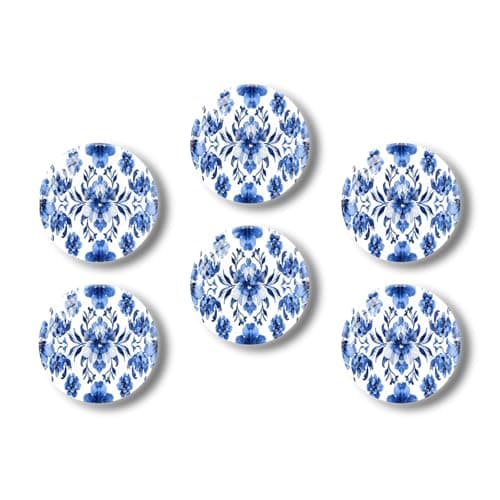 Glass Refrigerator Magnet 6Pcs Magnetic Fridge Sticker,Decor for Kitchen,Whiteboard, Cabinet,Blue and White Pattern