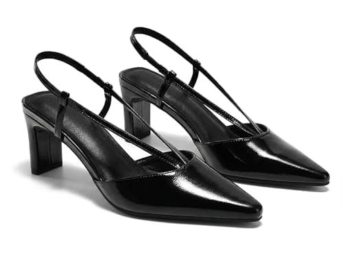 Coutgo Womens Low Chunky Heels Slingback Pumps Closed Pointed Toe V-Strap Slip On Wedding Party Dress Shoes, Black, Size 8.5