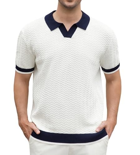 Alex Vando Mens Knit Polo Shirts Casual Short Sleeve Johnny Collar Golf Shirts,White,S