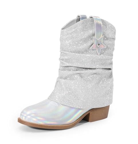 DREAM PAIRS Girls Cowboy Cowgirl Boots 2-in-1 Western Removable Cuff Fold Over Embroidered Fashion Mid Calf Shoes,Size 4 Big Kid,Silver,SDBO2406K