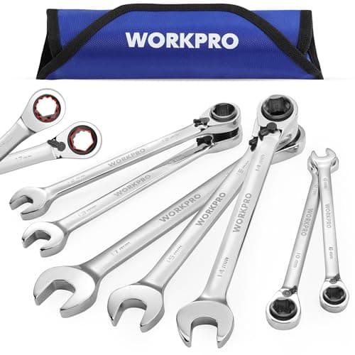 WORKPRO 7-Piece 3-in-1 Reversible Ratchet Wrench Set, Metric 8mm to 17mm, 6PT & 12PT & Open-End Wrenches, 72-Teeth Ratcheting Combination Wrench with Rolling Pouch
