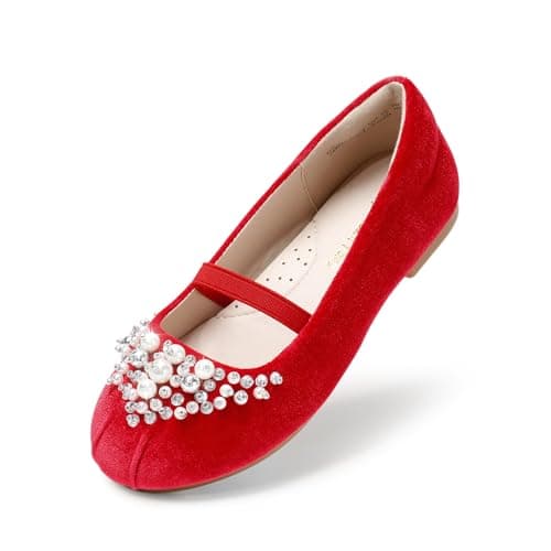 DREAM PAIRS Girls Wedding Mary Jane Ballerina Flat Shoes, Red/Suede - 4 Toddler (Aurora-03)