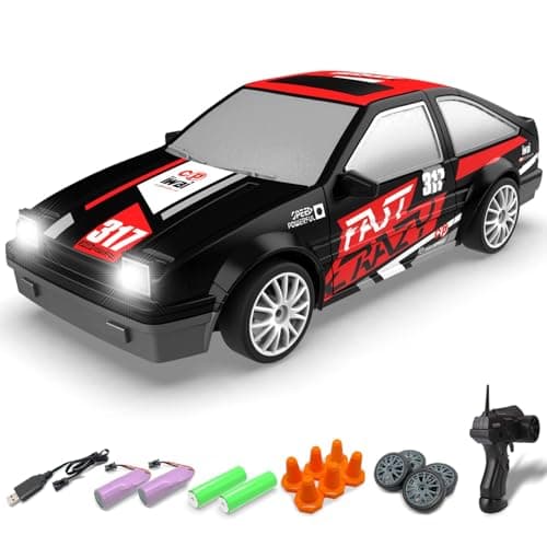 RACENT 1:24 Mini RC Drift Car, 10MPH 4WD Remote Control Car with LED Light, Racing and Drifting Wheels, 2 Rechargeable Batteries, Perfect Toy for Boys, Girls, Kids (Black)