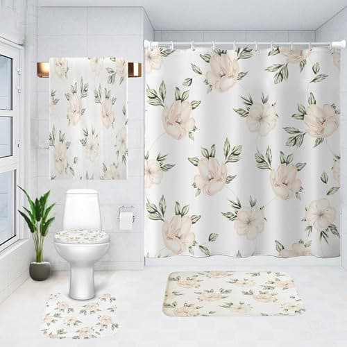 Mightree White Camellia Shower Curtain 5-Piece Waterproof with Hooks