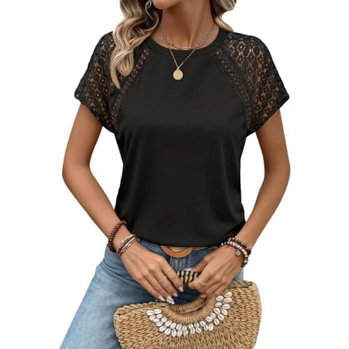 KILISU Womens Tops Casual Dressy Lace Summer Tee 2026 Short Sleeve T Shirts Cute Basic Trendy Blouses Fashion Outfits Black