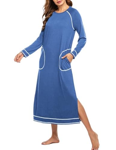 Ekouaer Women's Nightshirt Long Sleeve Nightgown Round Neck Sleepwear Full Length Pajama Dress with Pockets Loungewear S-XXL A-blue