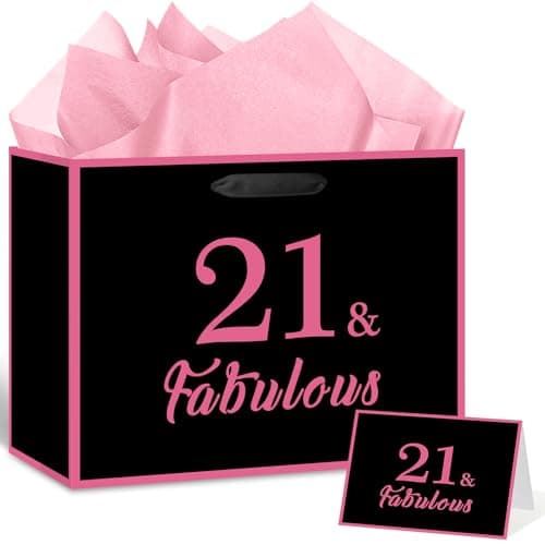 Yoirrat 21st Birthday Gift Bag for Her Women with Wrapping Tissue Paper & Card Large Black Hot Pink 21 & Fabulous Bag Happy Twenty One Bday Party Favors Supplies Present for Daughter Friend Sister