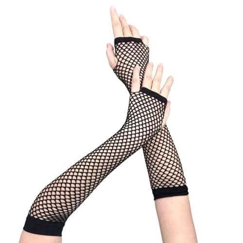 CNTVO 2 Pairs Long Fishnet Gloves, Stylish Fingerless Gloves for Women, Emo Goth Punk Black mesh glove for Theme Parties, Band Performances