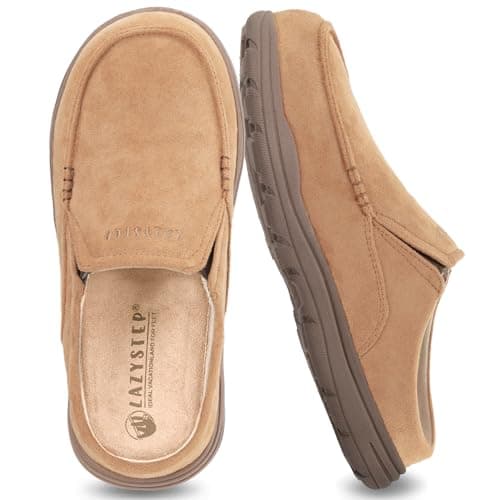 LazyStep Men's McCoy Suede Wide Clog Slipper with Comfort Memory Foam, Slip on Indoor Outdoor House Shoes(2024, Chestnut, Size 10)