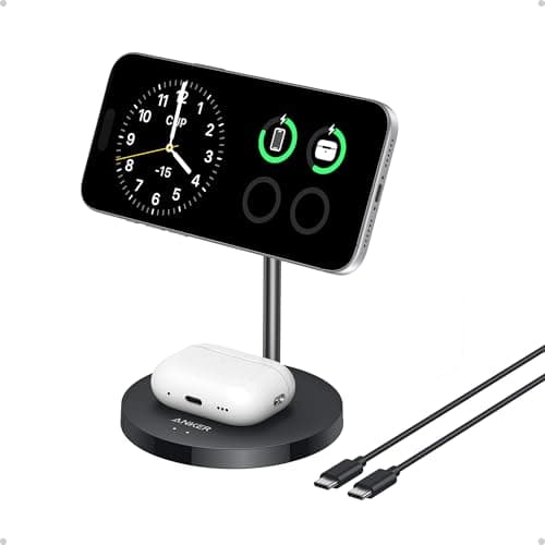 Anker MagSafe Compatible MagGo Charger Stand, iPhone 17 Wireless Charger, 2-in-1 Charging Station, Qi2 Certified 15W Fast Charging, for iPhone 17/16/15/14/13/12, AirPods Pro (Black, No Adapter)