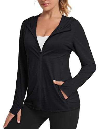 TACVASEN Women's UPF 50+ Shirts Jacket Long Sleeve Hoodies Sun Protection Shirts with Hoodie Athletic, Black, M