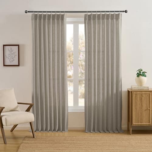 RAIN CITY Flax Linen Taupe Pinch Pleated Curtains 98 Inch Long for Living Room Bedroom, Neutral Country Luxury Privacy Memory Trained Pleat Hooks Drapes Back Tab 50 Wide Set of 2 Burlywood Birch