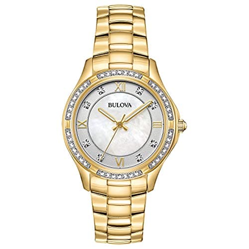 Bulova Ladies' Crystal Gold Tone Stainless Steel 3-Hand Quartz Watch, White Mother-of-Pearl Dial Style: 98L256
