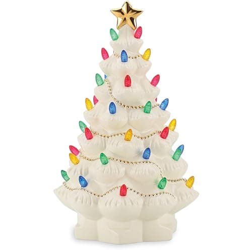 Lenox Figurine, Treasured Traditions Ivory Light-Up Ceramic Christmas Tree Figurine, Christmas Decorations, Holiday Winter Decor Indoor (Ivory, 1 Piece, 8.82-Inch Height) 3 AAA Batteries Not Included