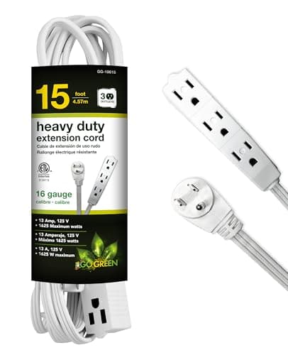 Go Green Power Inc. 15ft Extension Cord with 3 Outlets, White - Compact, Flush-Fit Design, Heavy Duty, Grounded Plug - Ideal for Home & Small Appliances - GG-19615
