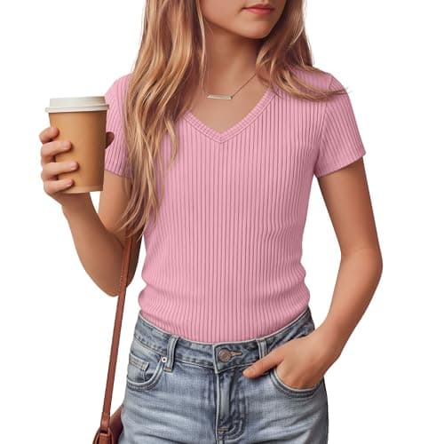 LessonZoo Girls Shirts Short Sleeve V Neck Ribbed Slim Fit Kids Tops Comfy Cute Summer Teen Girl Basic Tees(Light Pink,9-10 Years)