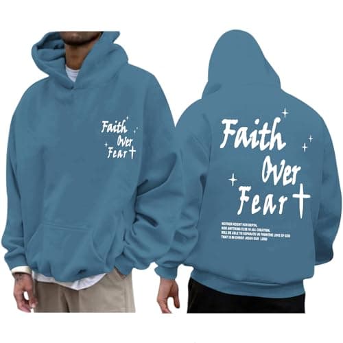 Lubpow Christian Faith Over Fear Hoodie for Men Inspirational Religious Jesus Sweatshirt Vintage Bible Verse Graphic Pullover(Deep Blue,L)