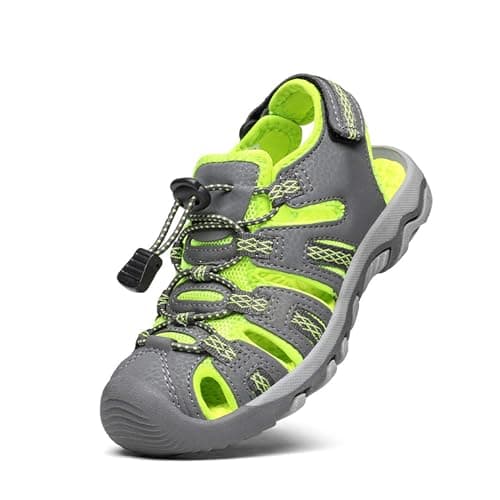 DREAM PAIRS Boys Girls Summer Outdoor Athletic Sport Sandals Walking Hiking Hook and Loop Adjustable Multicolor for Toddler/Little/Big Kids,Size 6 Toddler,Grey/Neon/Green,160912-K