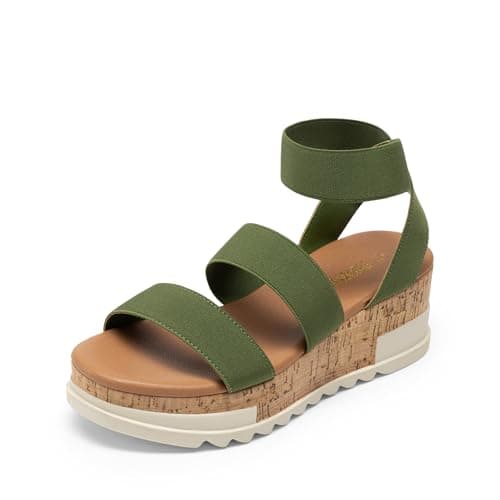 DREAM PAIRS Women's Open Toe Elastic Ankle Strap Casual Flatform Platform Wedges Sandals,Size 5,Army Green,REED-1