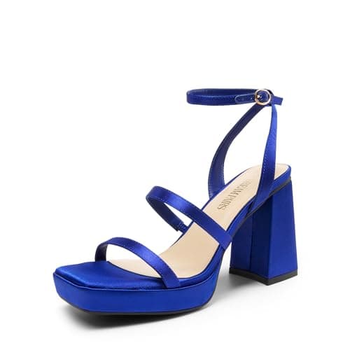 DREAM PAIRS Women's Platform Strappy Heels Open Toe Ankle Strap Square Party Sandals Y2K Dress Shoes,Size 8.5,Royal Blue-Satin,SDHS2346W