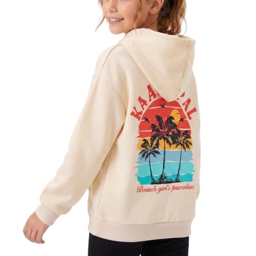 WELAKEN Teen Girls Coconut Palm Printed Hoodie Sweatshirt Long Sleeve Graphic Pullover Sweatshirts,Beige,6-7Y