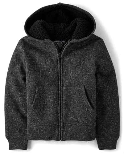 The Children's Place,Boys,Long Sleeve, Sherpa Lined, Zip-Front Hoodie Sweatshirt,Black,Large
