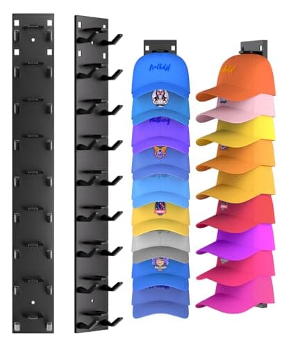 2 Pack Hat Organizer for Baseball Caps, Strong Adhesive Hat Rack for Wall, Multilayer Hat Storage Display Holder, Wall Mounted Hat Hooks Hold up to 18 Hats for Closet Door and Bedroom (Black)
