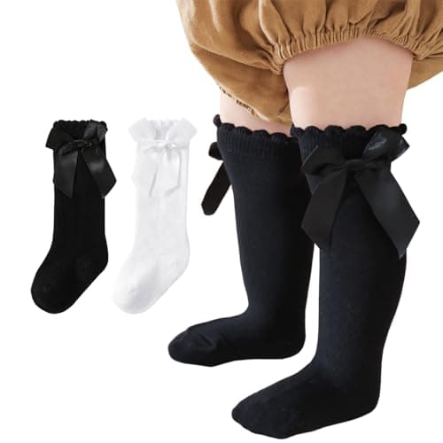 GUXIMIAR 2 Pairs Baby Knee High Socks Newborn Cotton Ruffle Bow Socks Infant Long Sock Toddler Girls Uniform Stockings Black& White, 6-18 Months