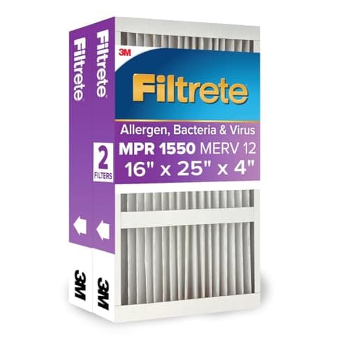 Filtrete 16x25x4 Air Filter MERV 12, MPR 1550 Certified Asthma & Allergy Friendly 2-Pack, Fits Lennox & Honeywell, AC Furnace HVAC Filters, Pleated Electrostatic (Actual Size 15.88x24.56x4.31 in)