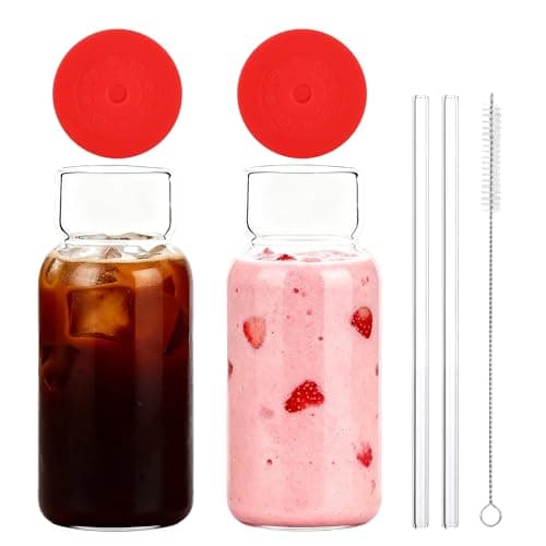 Elitrivox Glass Cup with Silicone Lid and Straw, 17 Oz Drinking Glasses Water Bottle Vintage Glassware for Iced Coffee, Juice, Cocktails, Whisky Tumbler for Gift 2 Pack