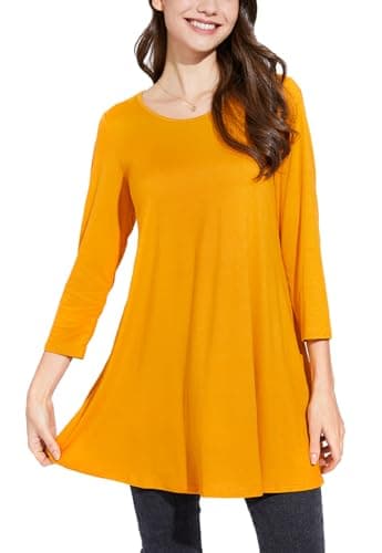 ENMAIN Plus Size Tops for Women 3/4 Sleeve Yellow Women's Tunics Top Loose Fit Dressy Casual Floral Flare Swing Crewneck Ladies Blouse for Leggings