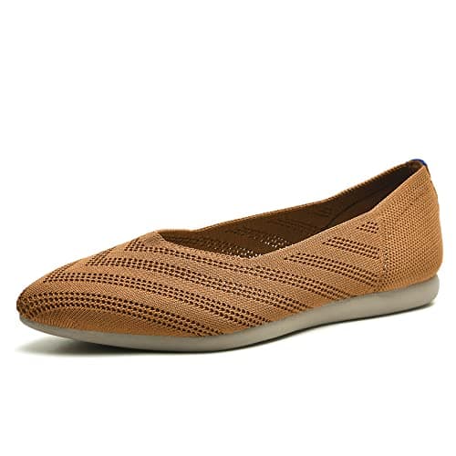 Buyrew Women's Flats Pointed Toe Ballet Shoes Knit Dress Shoes Low Wedge Slip On Arch Support Walking Office Business Flats, 3005 Brown, 9.5