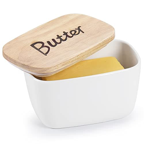 GDCZ Large Ceramic Butter Dish Holder with Wooden Lid (White)
