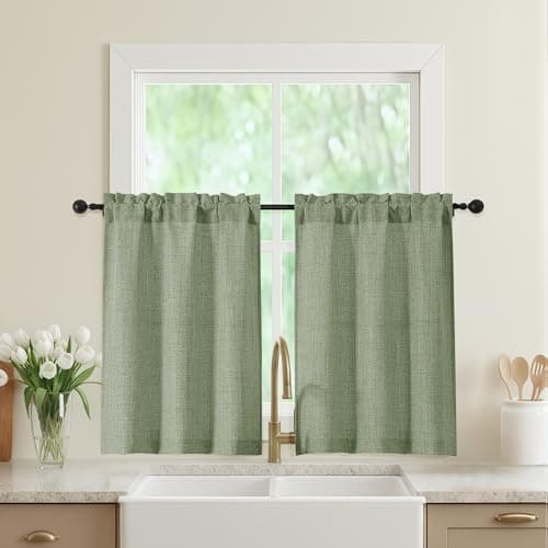 WelvetBLK Sage Green Kitchen Curtains 36 Inch Length 2 Panels, Light Filtering Farmhouse Faux Linen Textured Short Curtains for Windows, Small Curtain Tier for Cafe Bathroom RV Camper, 30" Wx36 L