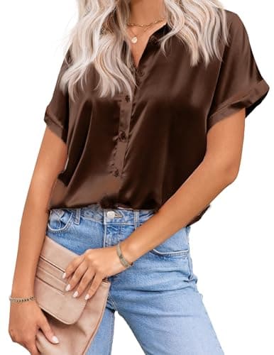 HOTOUCH Womenns Silk Satin Button Up V Neck Casual Office Shirt Brown, XX-Large, Short Sleeve